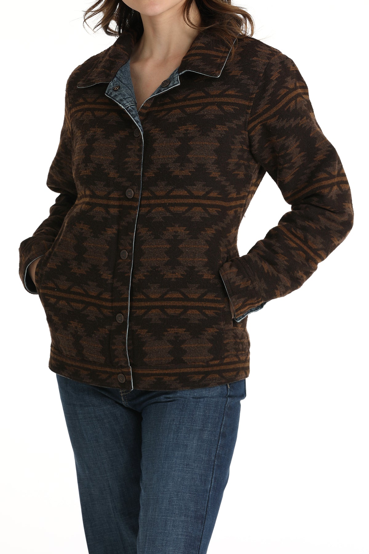 Cinch Women's Reversible Southwestern Trucker Jacket in Indigo & Brown