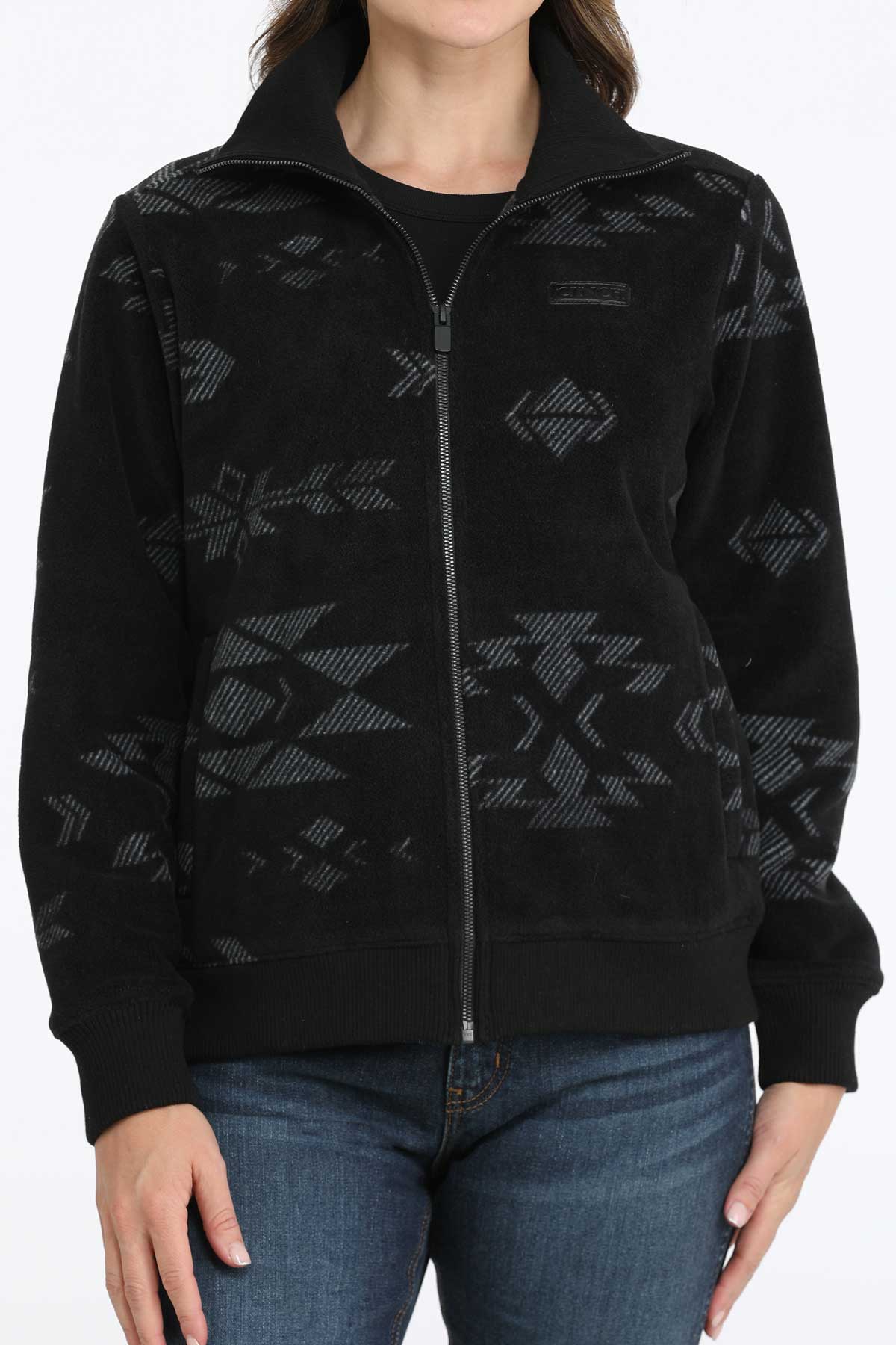 Cinch Women's Aztec Print Fleece Zip Up Jacket in Black