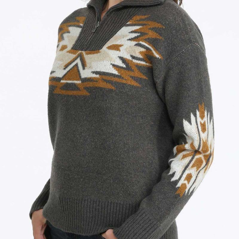 Cinch Women's Aztec Print Quarter Zip Pullover in Charcoal