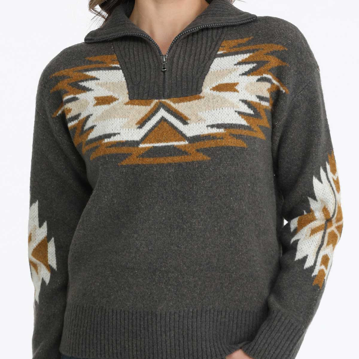 Cinch Women's Aztec Print Quarter Zip Pullover in Charcoal