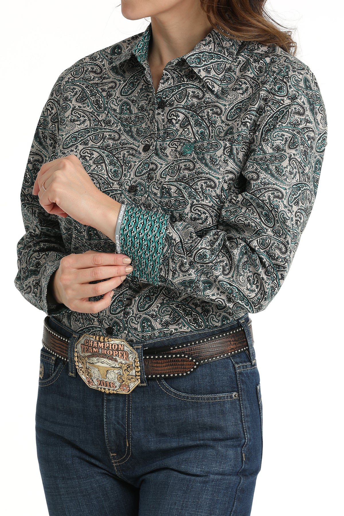 Cinch Women's L/S Grey & Teal Paisley Western Button Down Shirt