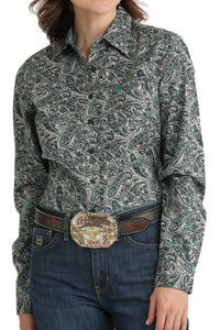 Cinch Women's L/S Grey & Teal Paisley Western Button Down Shirt