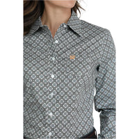 Cinch Women's L/S Medallion Print Western Button Down Shirt in White