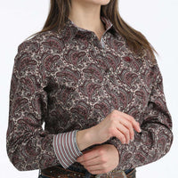 Cinch Women's L/S Paisley Western Button Down Shirt in Burgundy