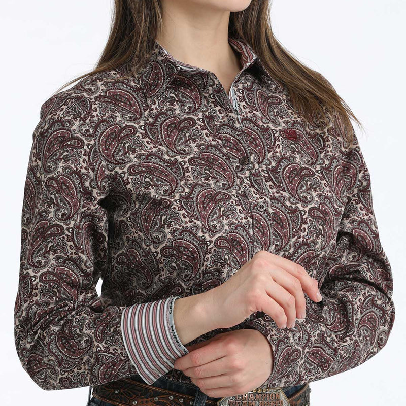 Cinch Women's L/S Paisley Western Button Down Shirt in Burgundy
