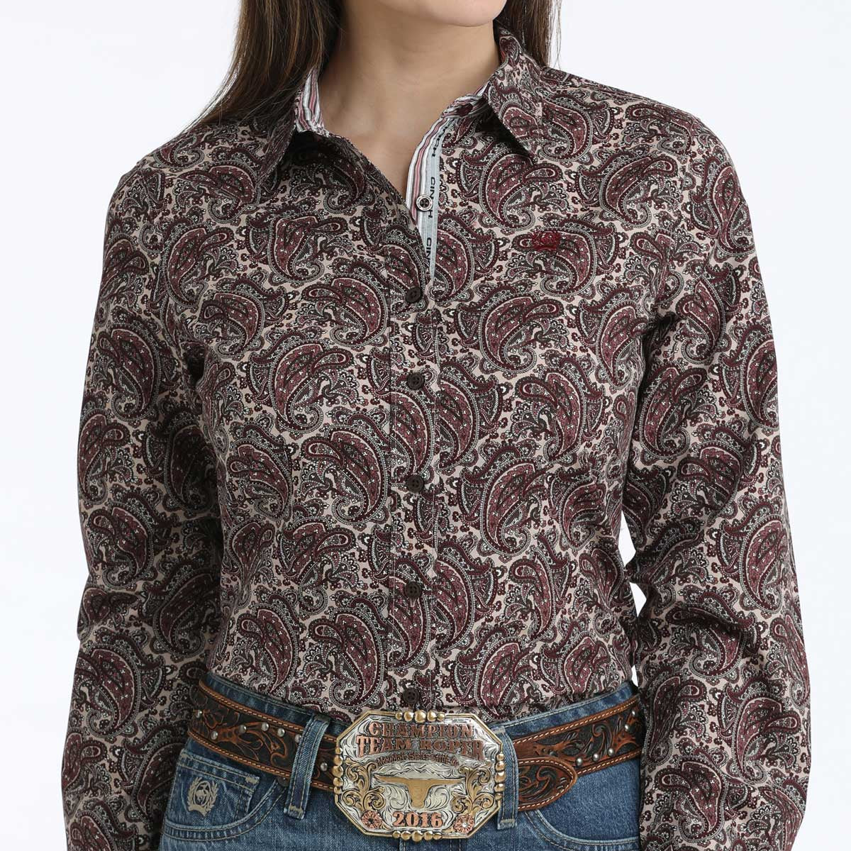 Cinch Women's L/S Paisley Western Button Down Shirt in Burgundy