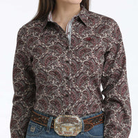 Cinch Women's L/S Paisley Western Button Down Shirt in Burgundy