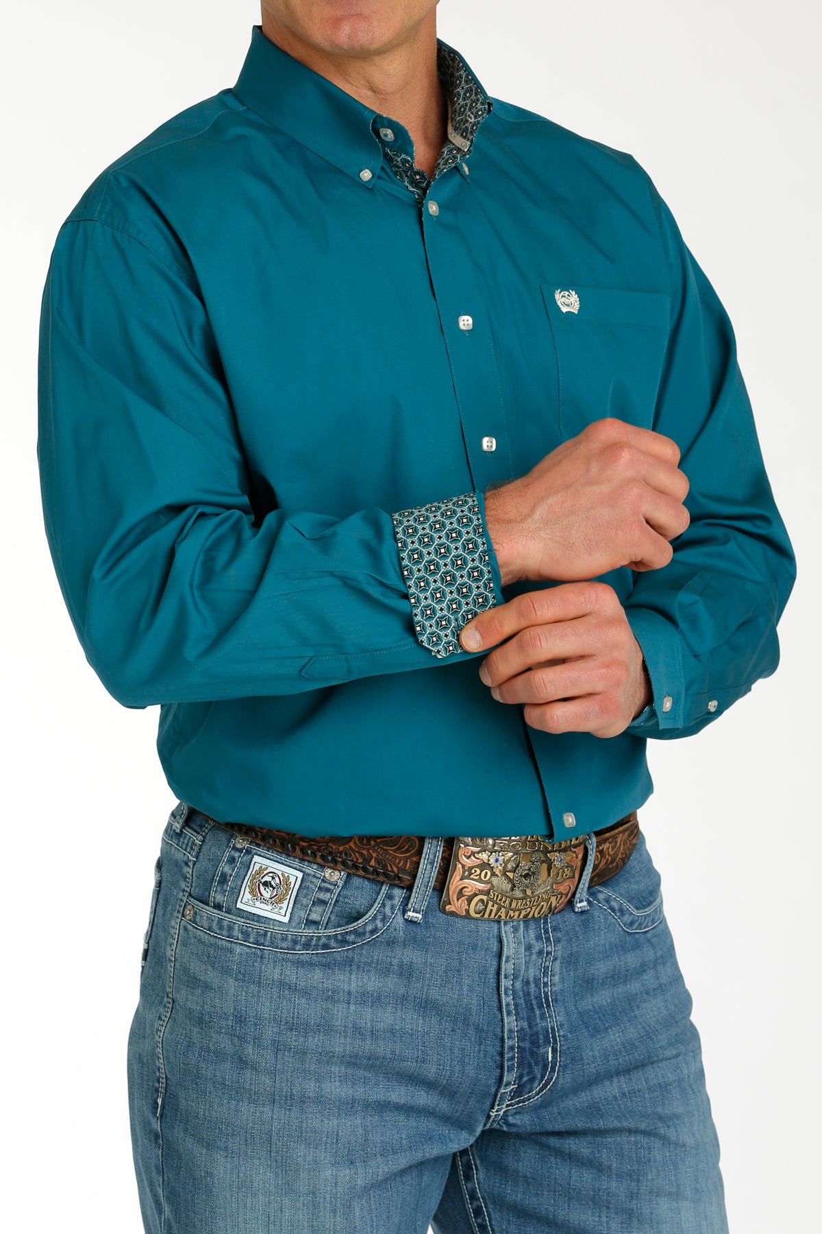 Cinch Men's L/S Classic Fit Solid Western Button Down Shirt in Teal
