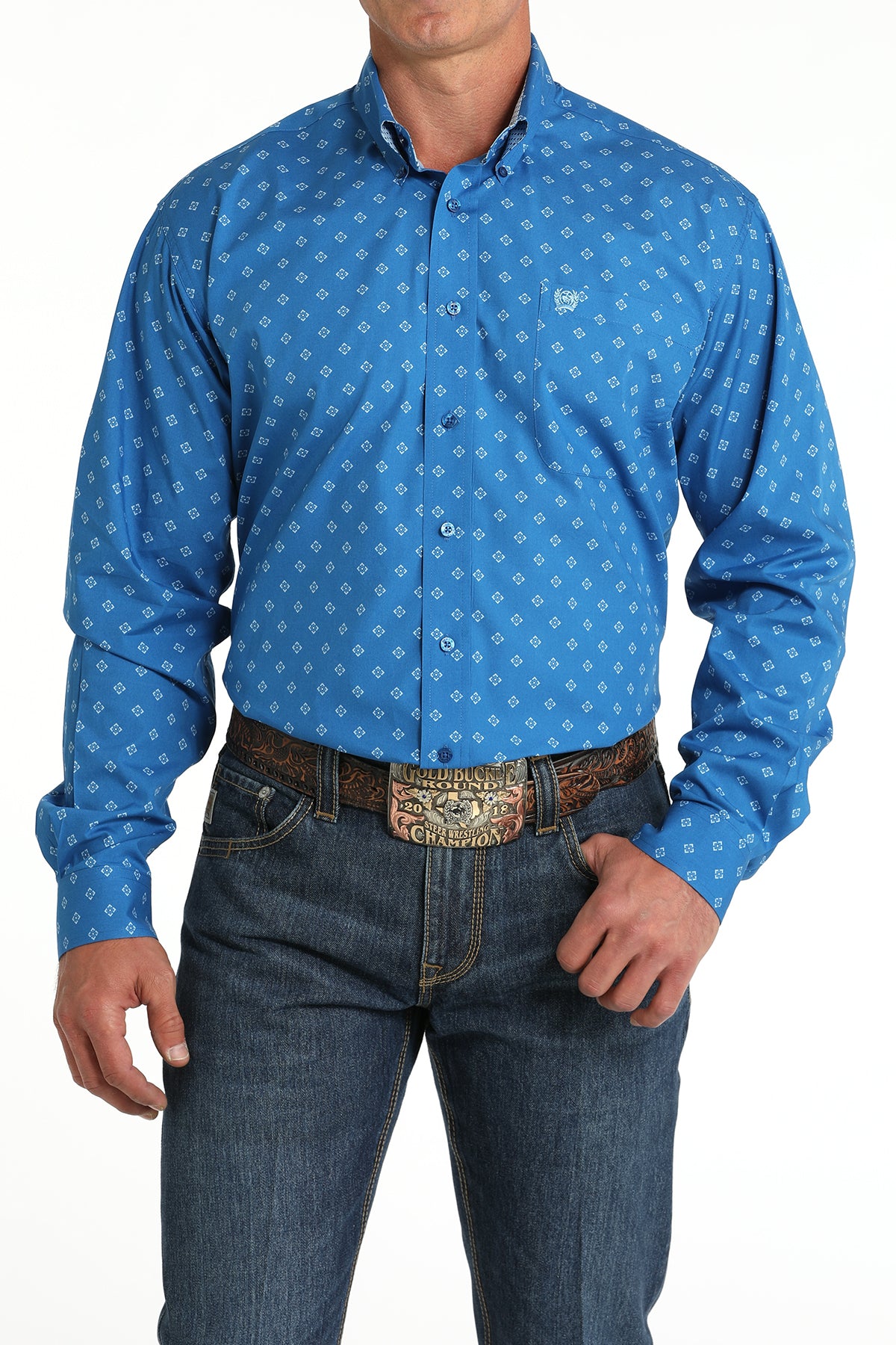 Cinch Men's Classic Fit Geometric Diamond Western Button Down Shirt in Royal Blue