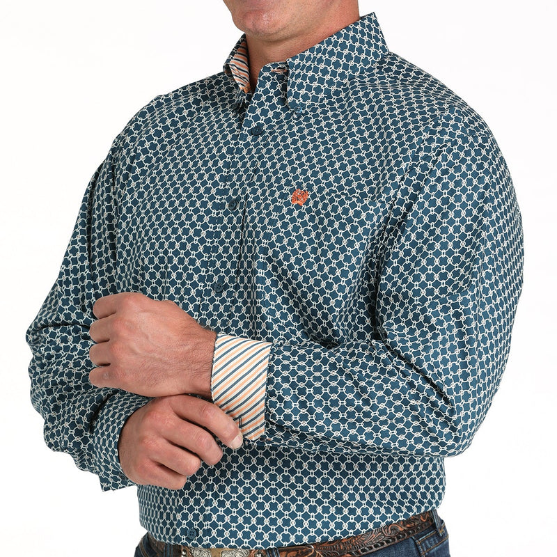 Cinch Men's L/S Classic Fit Circle Geometric Print Button Down Shirt in Teal