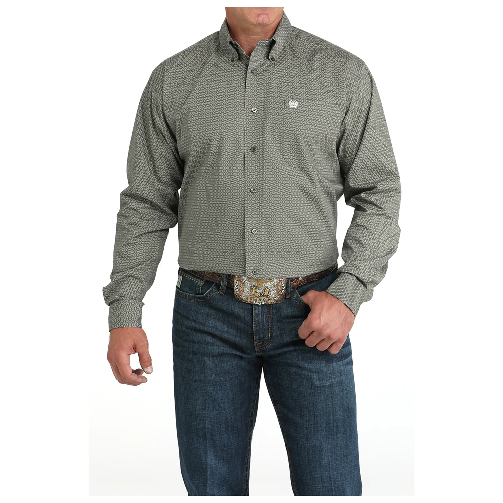 Cinch Men's L/S Classic Fit Diamond Button Down Western Shirt in Olive Green