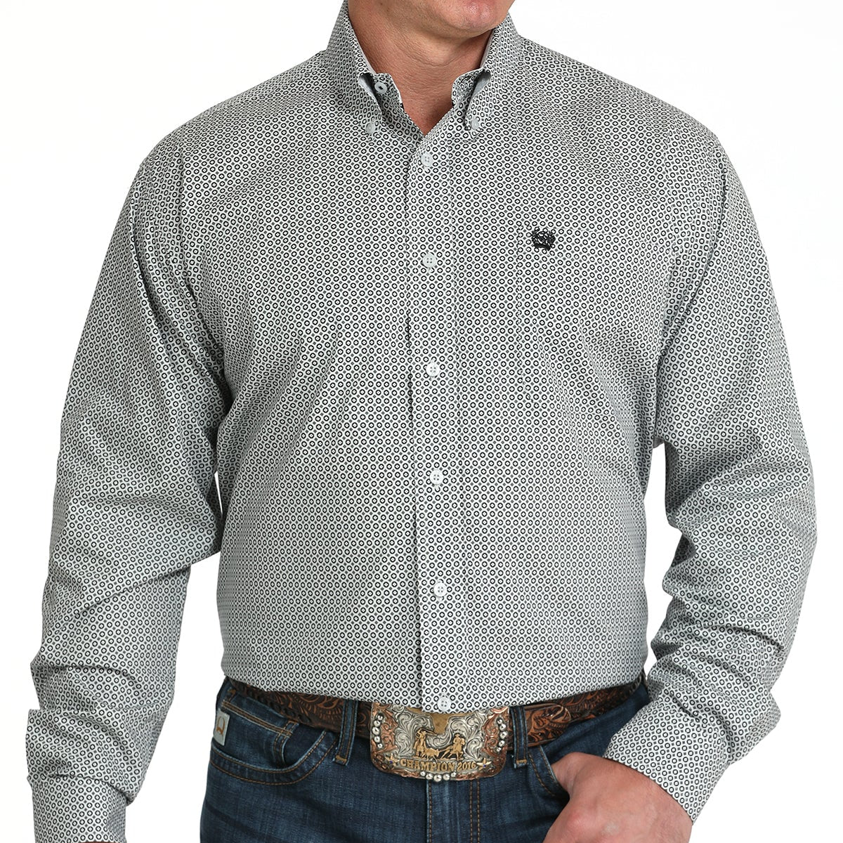 Cinch Men's L/S Classic Fit Geometric Circle Button Down Western Shirt in Grey