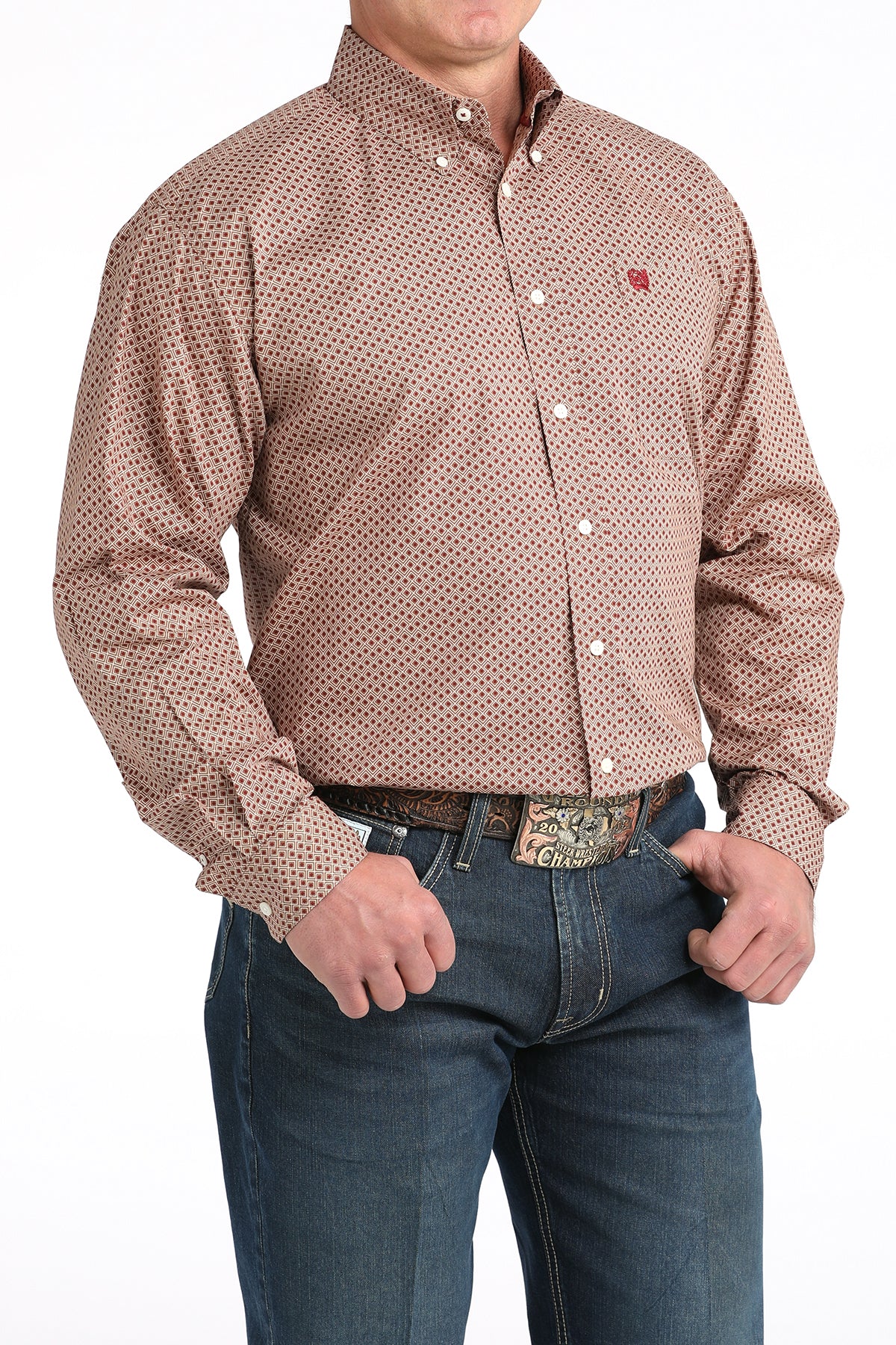 Cinch Men's L/S Classic Fit Diamond Print Button Down Western Shirt in Brown
