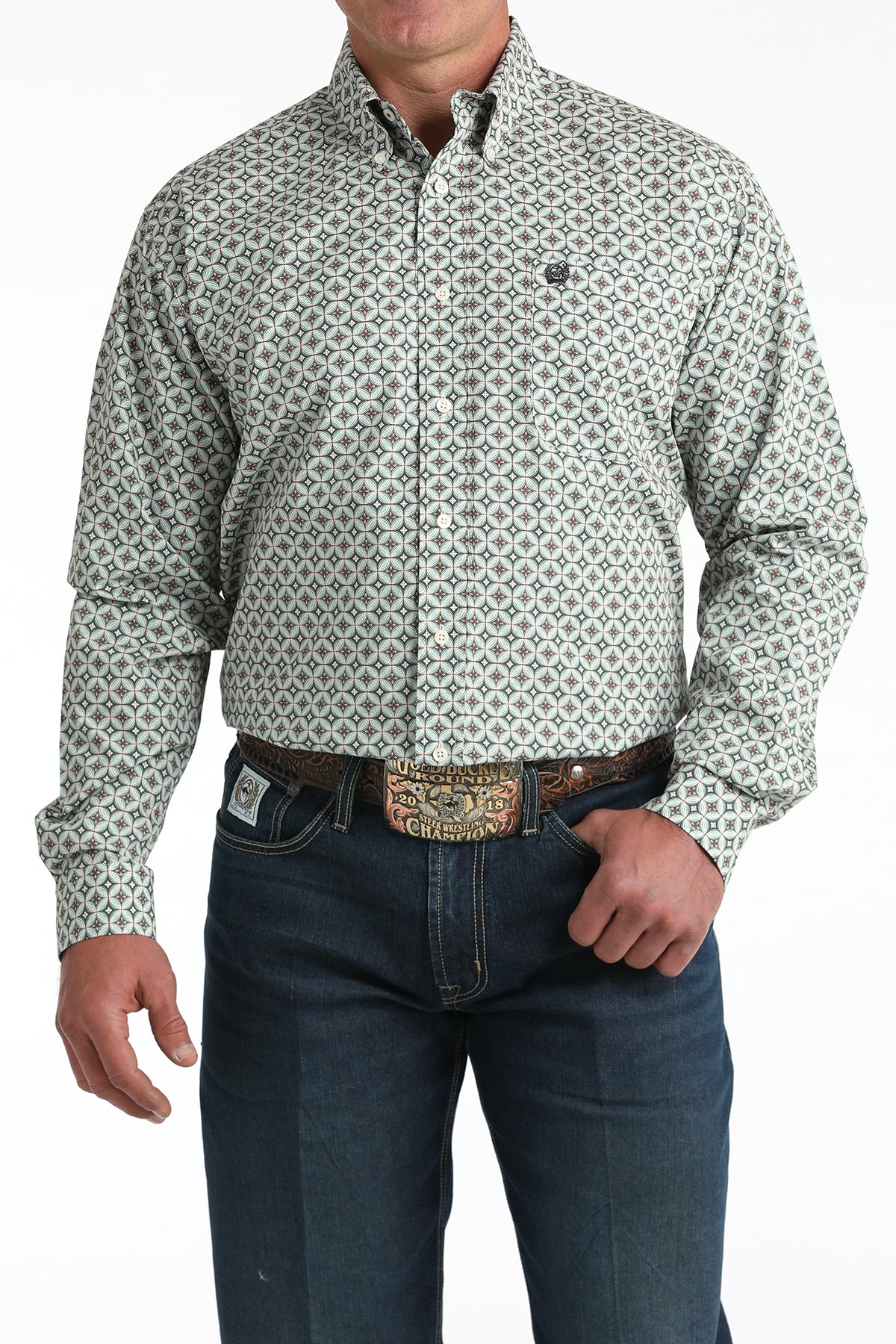 Cinch Men's L/S Classic Fit Medallion Print Button Down Western Shirt in Cream