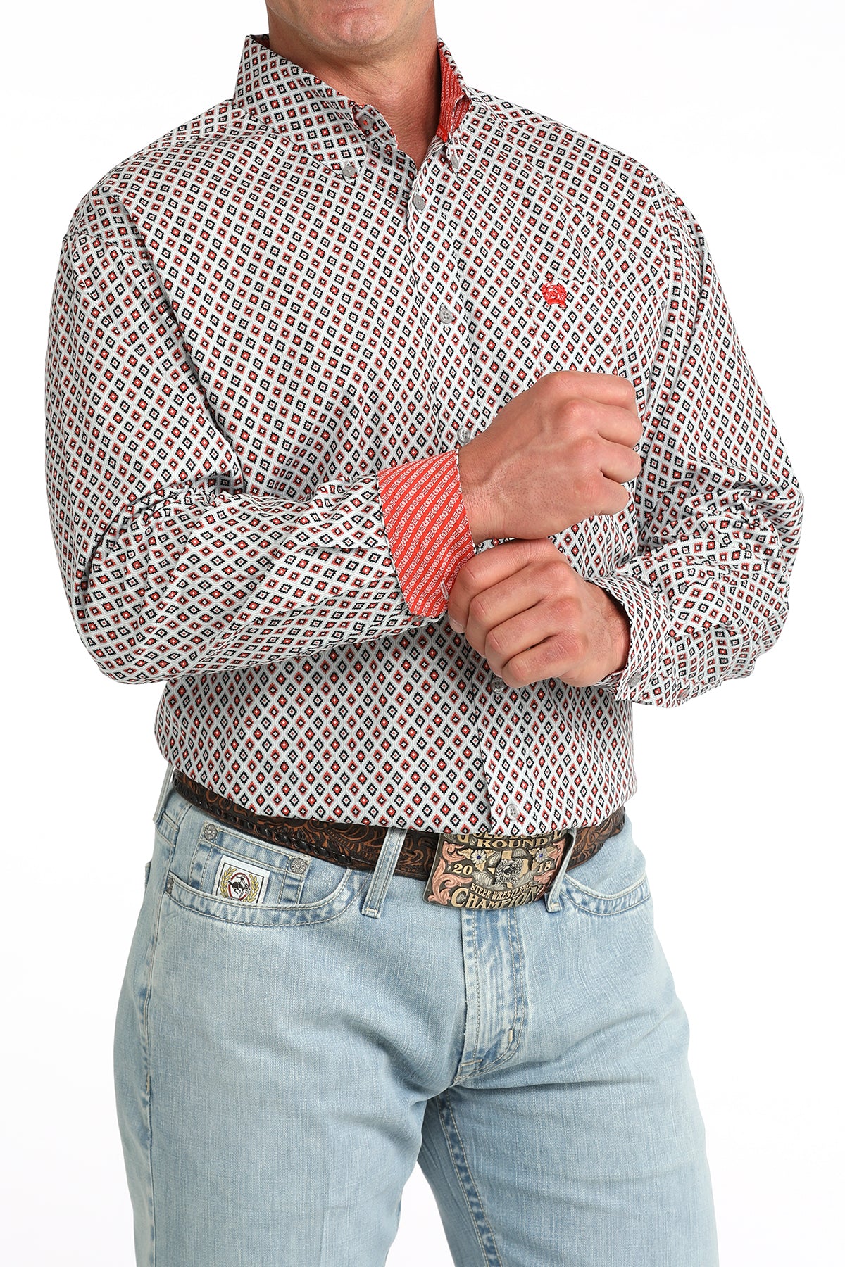 Cinch Men's L/S Classic Fit Button Down Western Shirt in Light Grey Geo Print