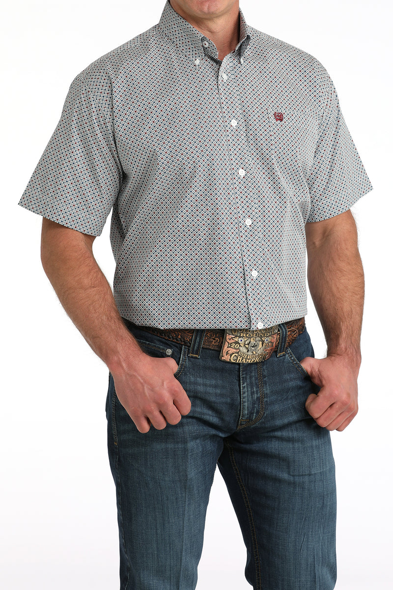 Cinch Men's S/S Geo Print Western Button Down Shirt in White/Red/Blue