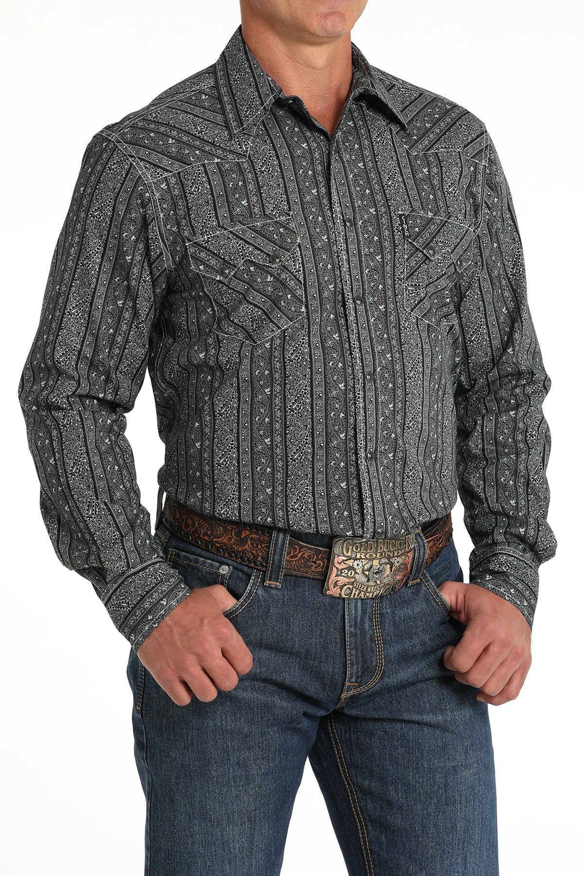 Cinch Men's Modern Fit Wallpaper Stripe Western Snap Shirt in Black