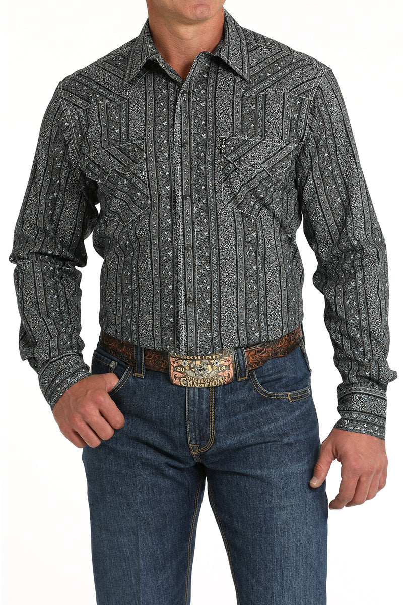 Cinch Men's Modern Fit Wallpaper Stripe Western Snap Shirt in Black