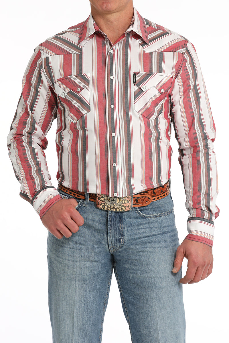 Cinch Men's Modern Fit Striped Western Snap Shirt in White