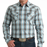 Cinch Men's L/S Modern Fit Plaid Western Snap Shirt in Turquoise