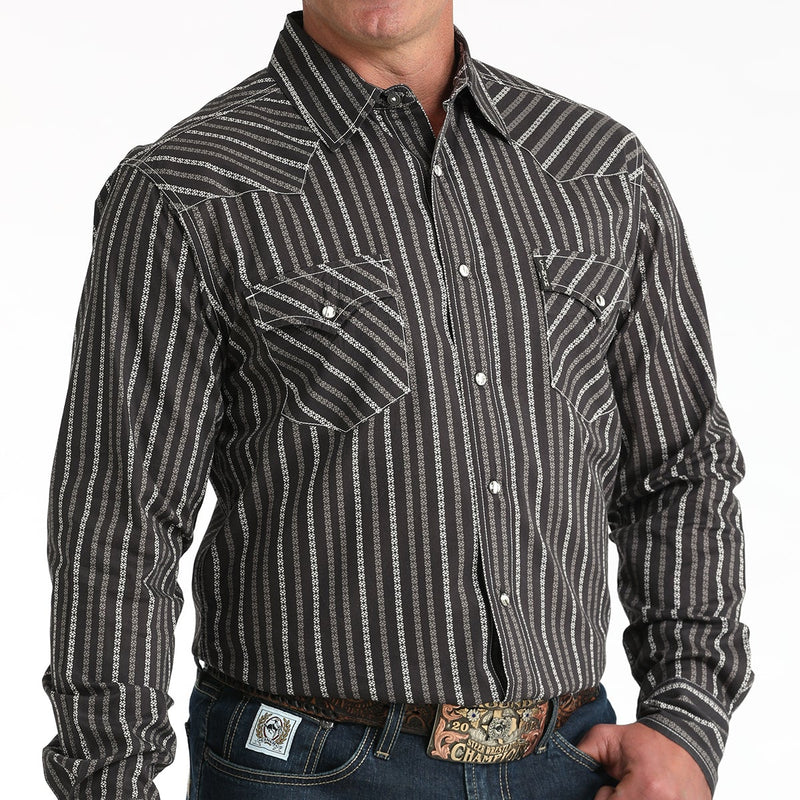 Cinch Men's L/S Modern Fit Geometric Stripe Western Snap Shirt in Brown