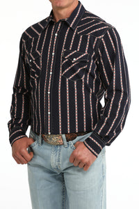 Cinch Men's L/S Modern Fit Geo Stripe Western Snap Shirt in Navy