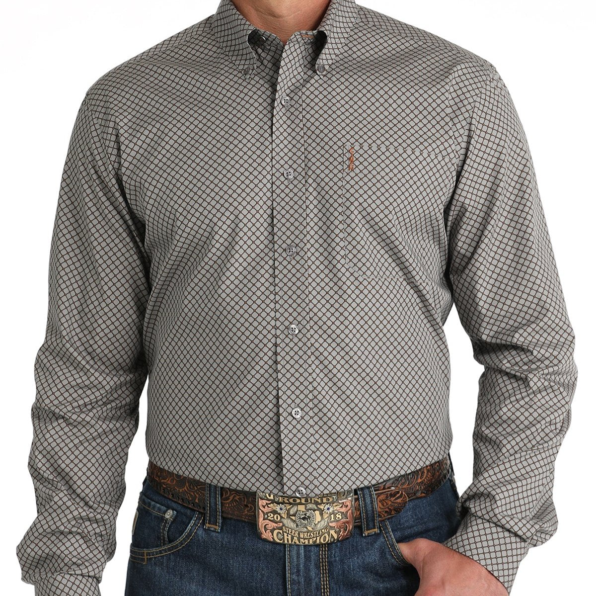 Cinch Men's L/S Modern Fit Geometric Diamond Western Button Down Shirt in Gray