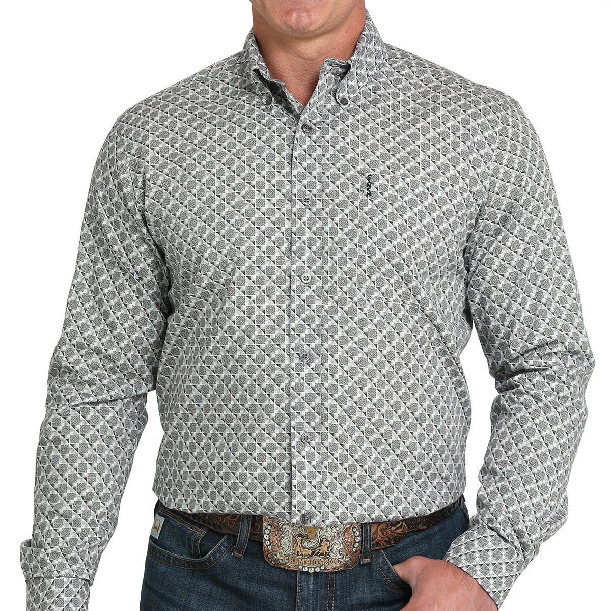 Cinch Men's L/S Modern Fit Geometric Print Western Button Down Shirt in Grey