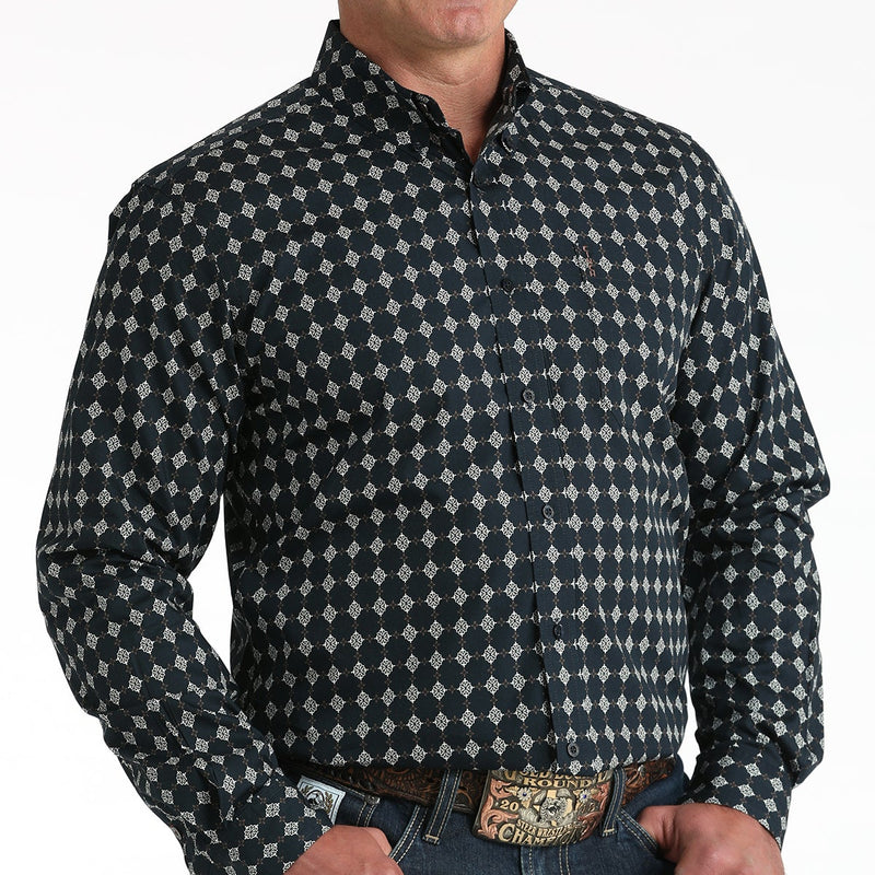 Cinch Men's L/S Modern Fit Medallion Print Western Button Down Shirt in Navy