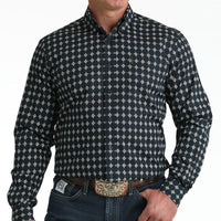 Cinch Men's L/S Modern Fit Medallion Print Western Button Down Shirt in Navy