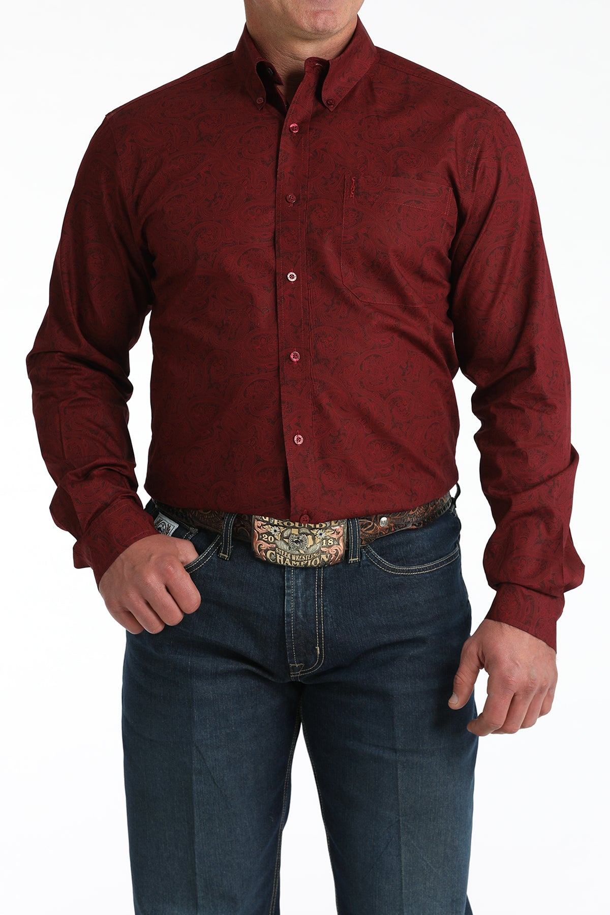 Cinch Men's L/S Modern Fit Paisley Western Button Down Shirt in Burgundy