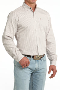 Cinch Men's L/S Modern Fit Stripe Western Button Down Shirt in White/Brown