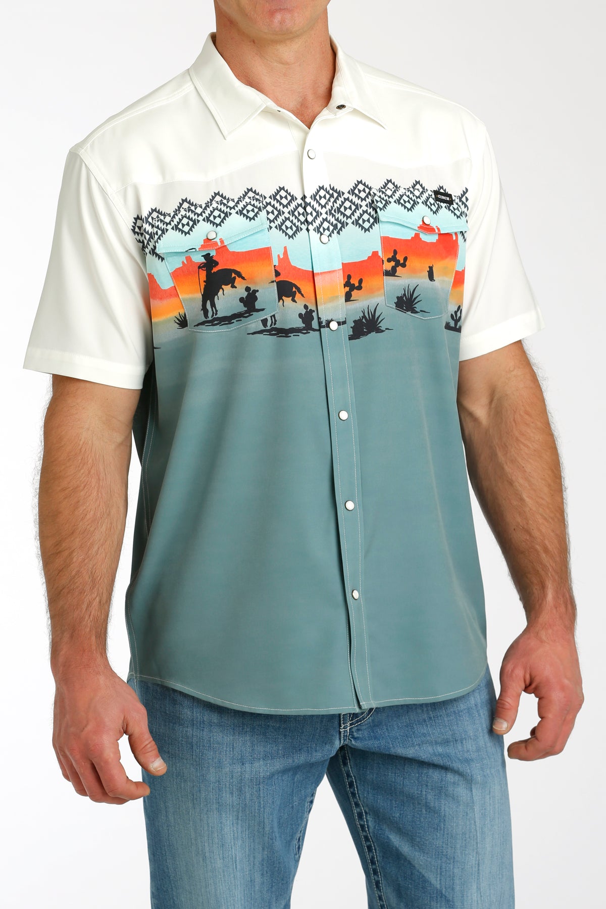 Cinch Men's Southwest Desert Rider Short Sleeve Camp Shirt in Blue & Cream