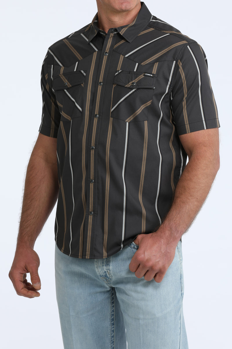 Cinch Men's S/S Camp Shirt in Black Stripe