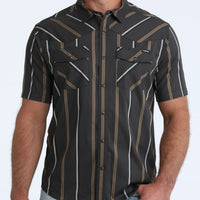 Cinch Men's S/S Camp Shirt in Black Stripe