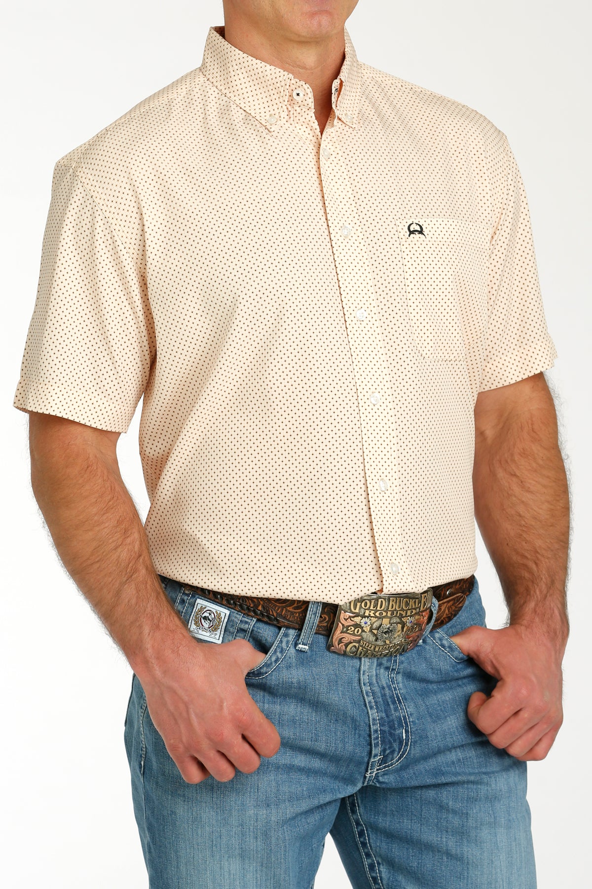 Cinch Men's S/S Arenaflex Geometric Polka Dot Western Button Down Shirt in Peach