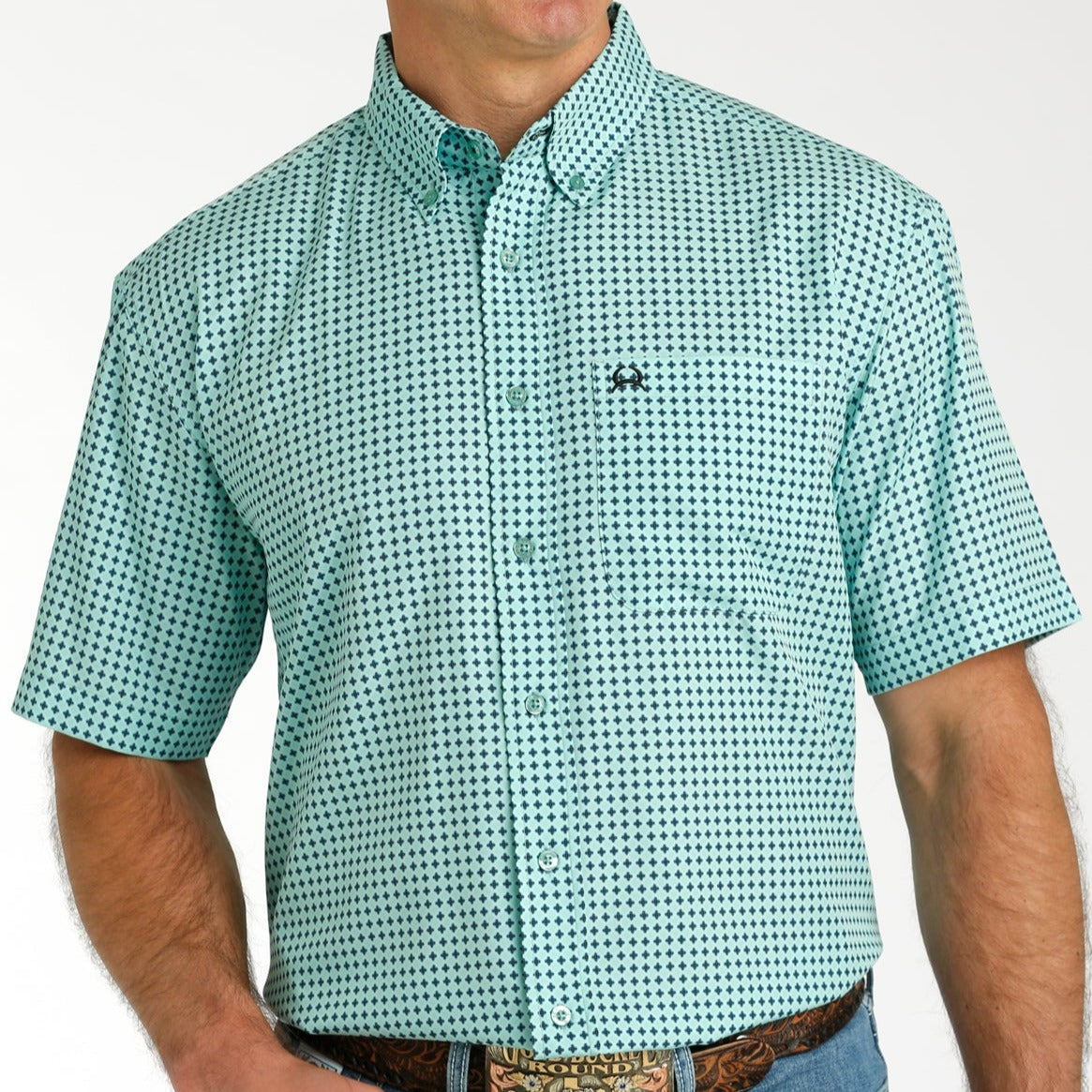 Cinch Men's S/S Arenaflex Geometric Cross Western Button Down Shirt in Turquoise