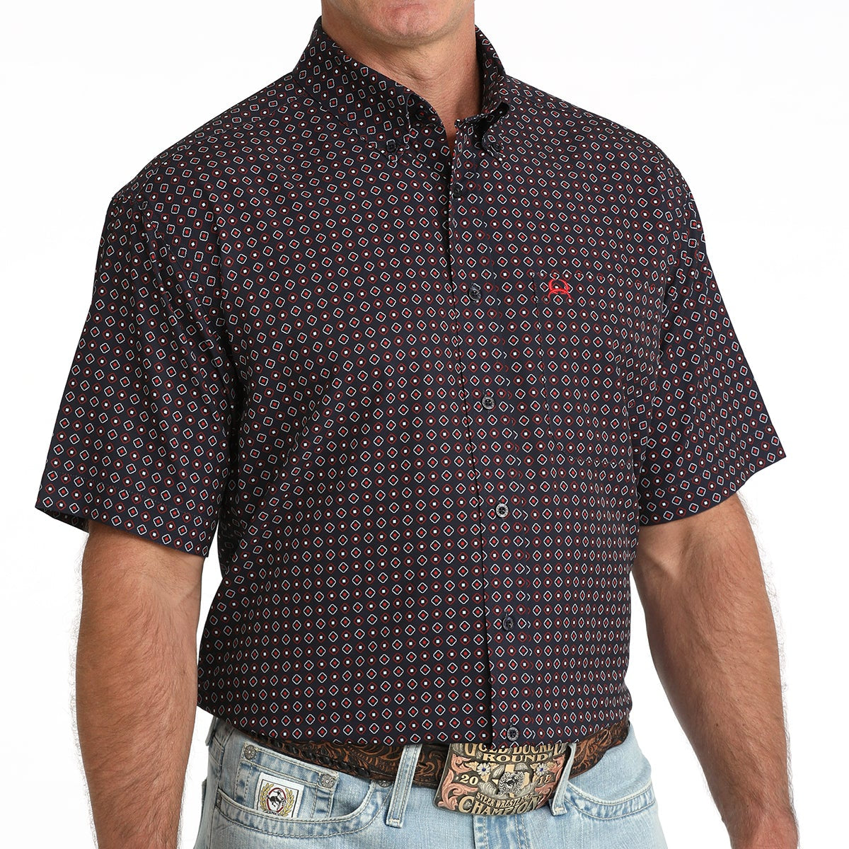 Cinch Men's S/S Arenaflex Print Western Button Down Shirt in Navy/Red