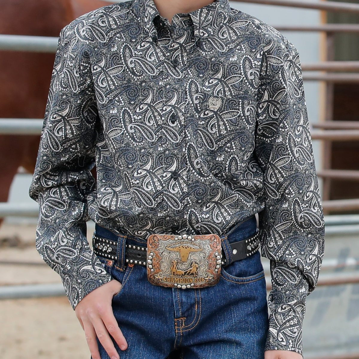 Cinch Youth Boy's L/S Classic Fit Blue & Black Paisley Western Button Down Shirt