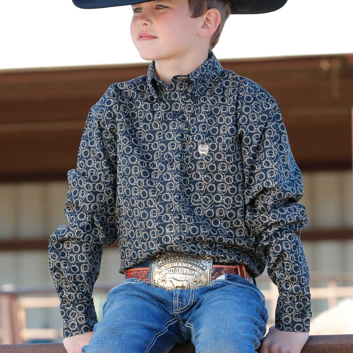 Cinch Youth Boy's L/S Rope Lasso Western Button Down Shirt in Navy