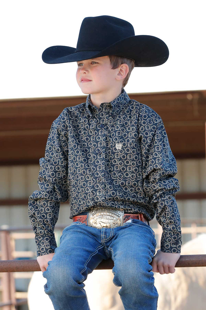 Cinch Youth Boy's L/S Rope Lasso Western Button Down Shirt in Navy