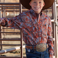 Cinch Youth Boy's L/S Paisley Western Button Down Shirt in Orange