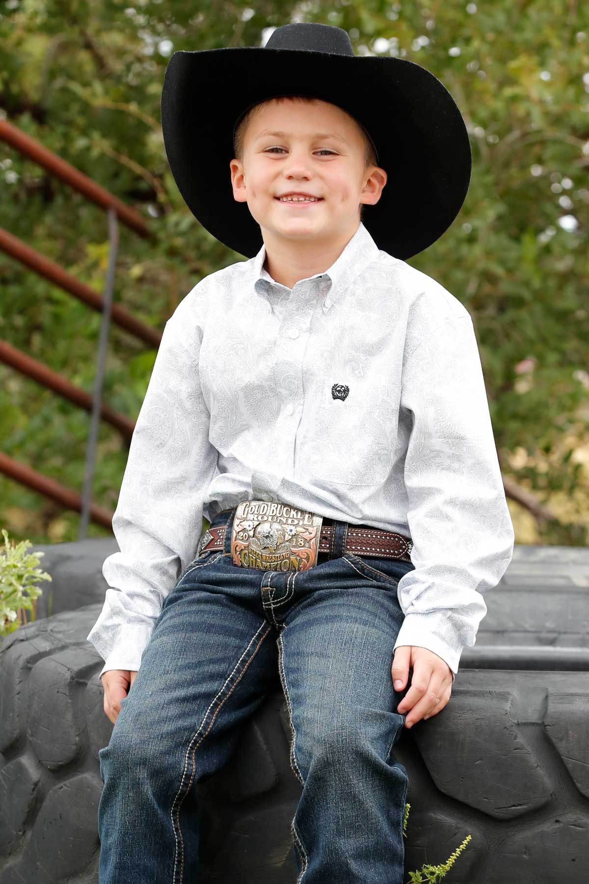 Cinch Youth Boy's L/S Paisley Print Button Down Western Shirt in White