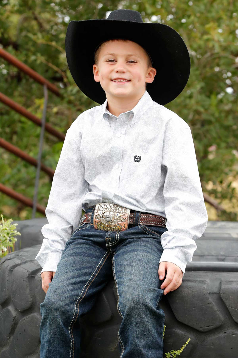 Cinch Youth Boy's L/S Paisley Print Button Down Western Shirt in White