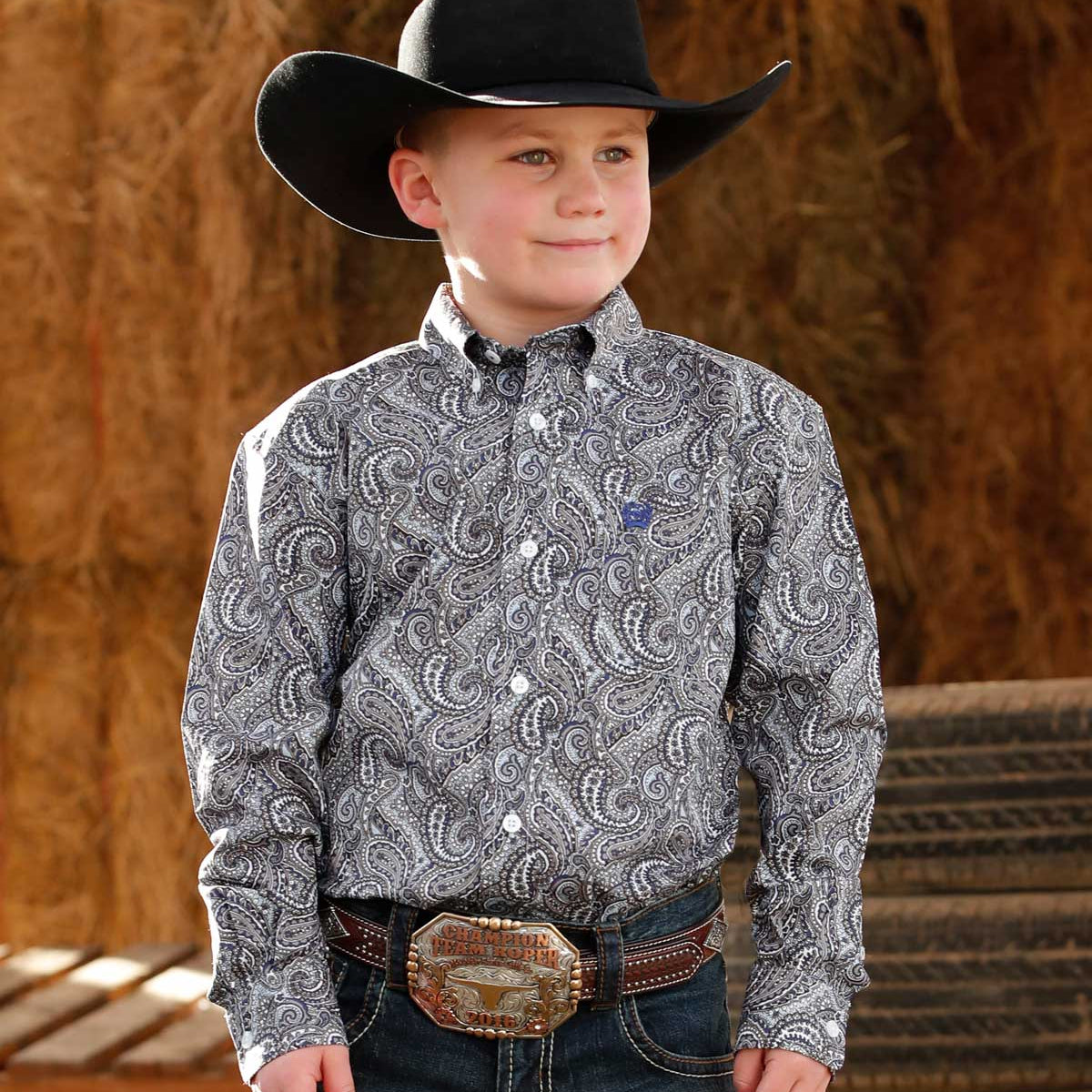 Cinch Youth Boy's L/S Paisley Print Button Down Western Shirt in Grey