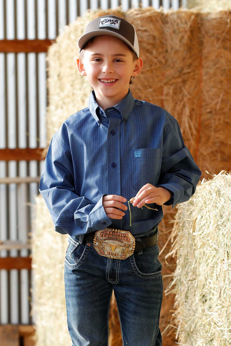 Cinch Youth Boy's L/S Dot Striped Button Down Western Shirt in Royal Blue