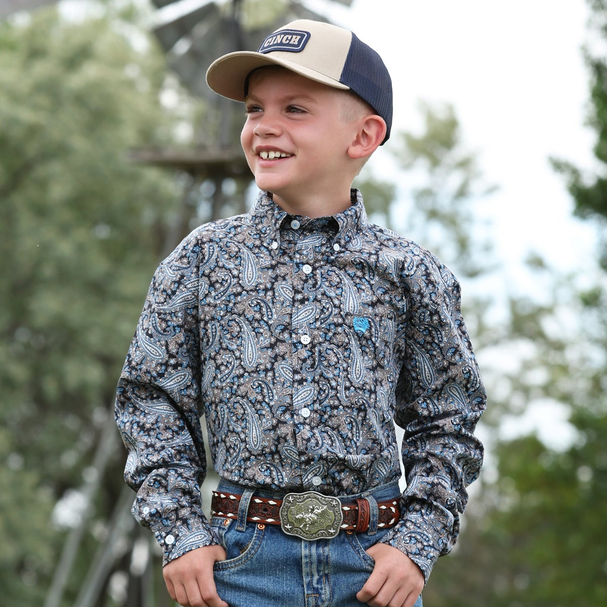 Cinch Youth Boy's L/S Paisley Print Button Down Western Shirt in Navy/Black