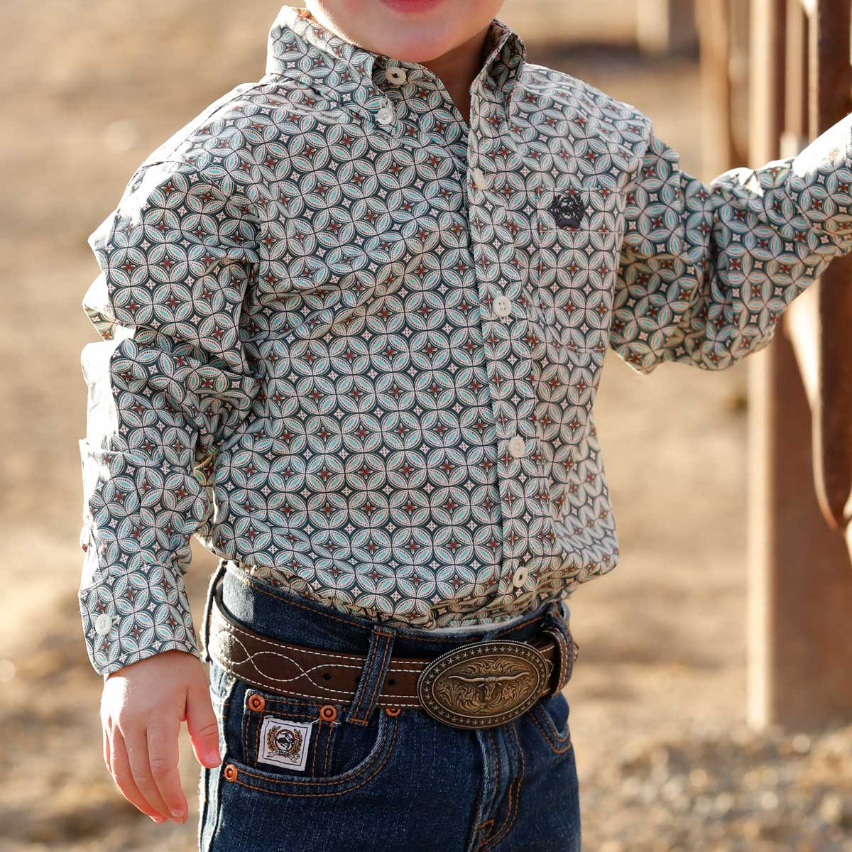 Cinch Baby & Toddler Boy's L/S Medallion Print Button Down Western Shirt in Cream