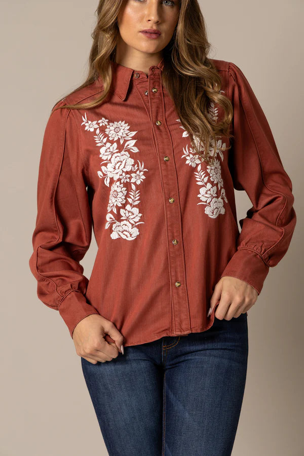 Kimes Ranch Women's L/S Mae Western Snap Shirt in Burnt Red