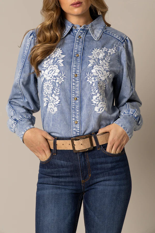 Kimes Ranch Women's L/S Mae Western Snap Shirt in Light Wash Indigo